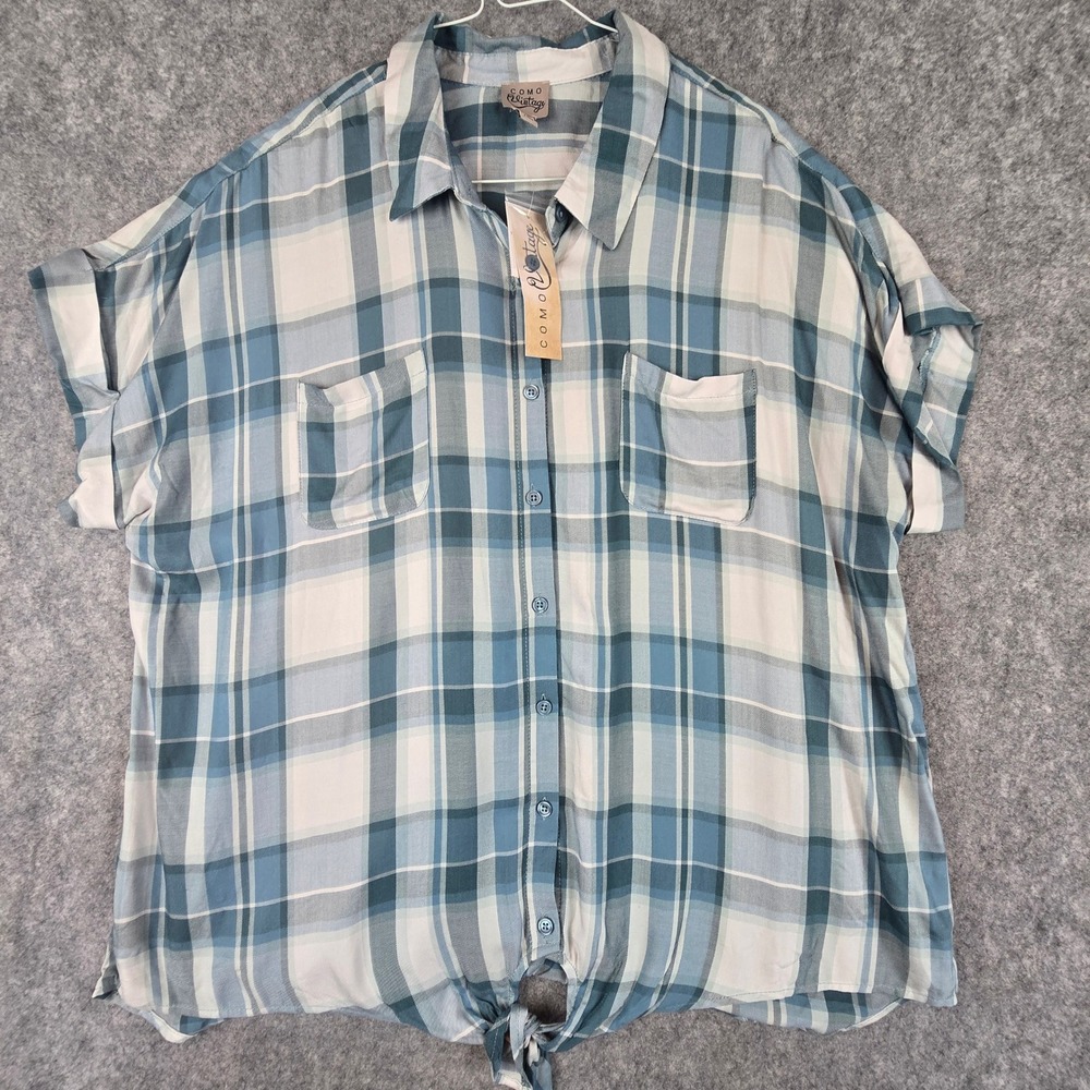 Como Vintage Plaid Shirt Womens 2X Blue White Rayon Short Sleeve NWT Tie Front